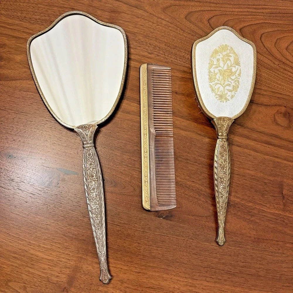Vintage 1950s Hollywood Regency Gold Plated Mirror Brush Comb Vanity Set Bird